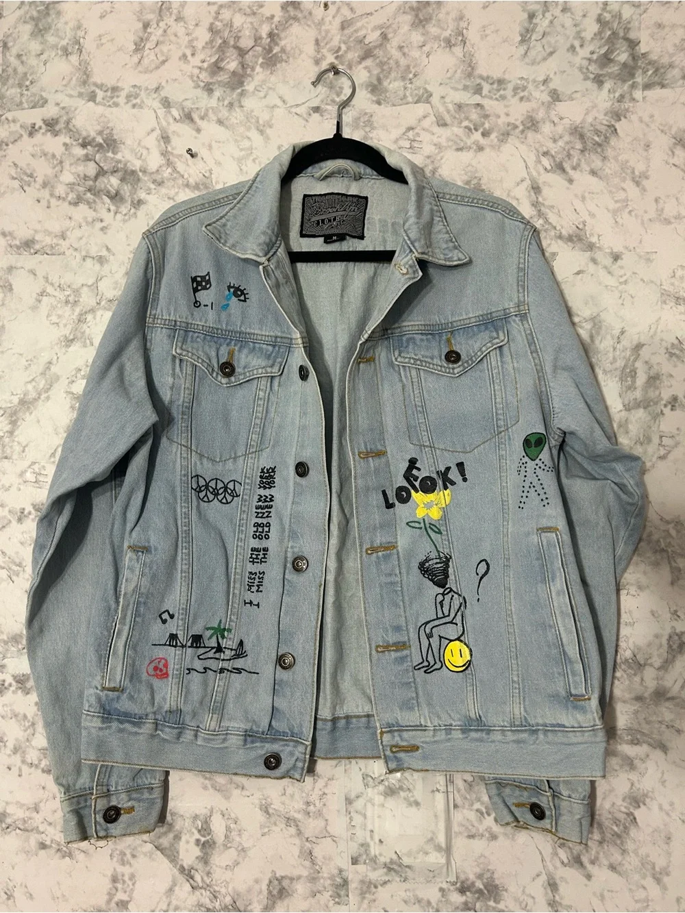 Brooklyn Cloth Light Blue Denim Jacket with Graphic Patches Sz M EUC